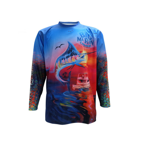 Big Marlin Charters First Mate Azul Men's Long Sleeve Fishing T-Shirt UV UPF 50+ Dry Fit Microfiber Sun Protection